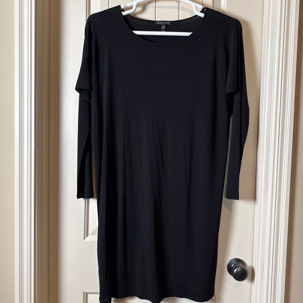 Eileen Fisher Lightweight Silk Dress Black Long Sleeve M Minimalist Quiet Luxury